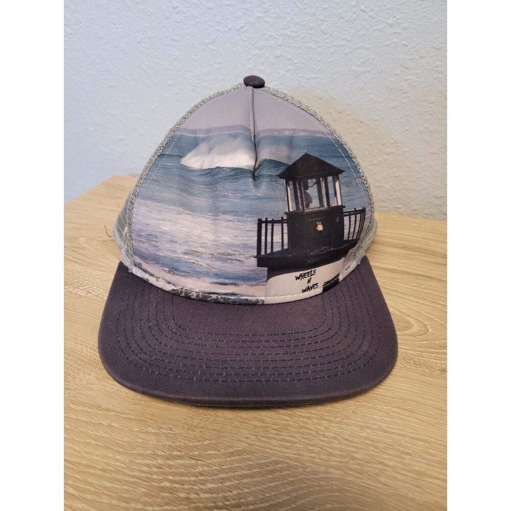 Wheels N Waves Trucker Hat Snapback Cap Lighthouse Surfing Motorcycles